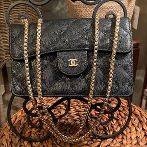 CC Black Textured Leather Crossbody with Gold Chain